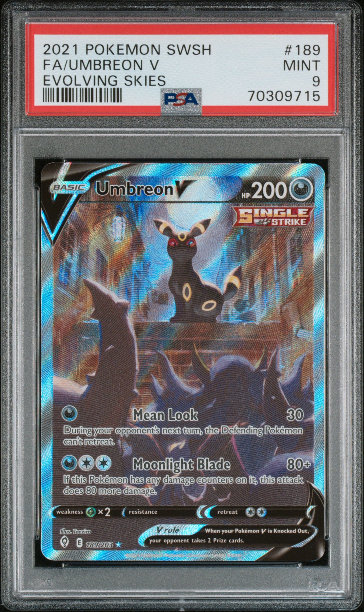 Umbreon V - 189/203 PSA 9 Evolving Skies Alternate Art Pokemon - MINT