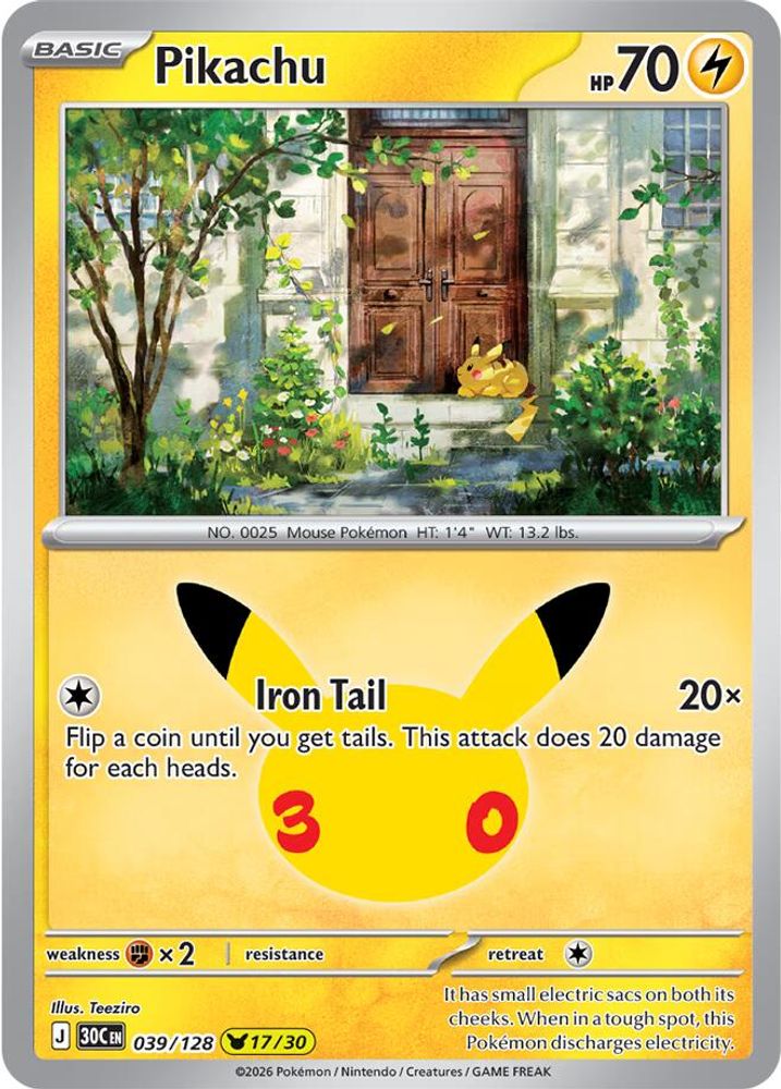 Pikachu - 039/128 ME: 30th Celebration Pikachu Rare Holo Pokemon - NM