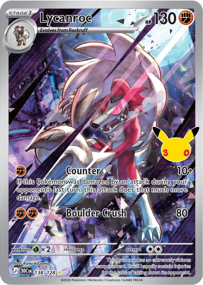 Lycanroc - 138/128 ME: 30th Celebration Illustration Rare Holo Pokemon - NM