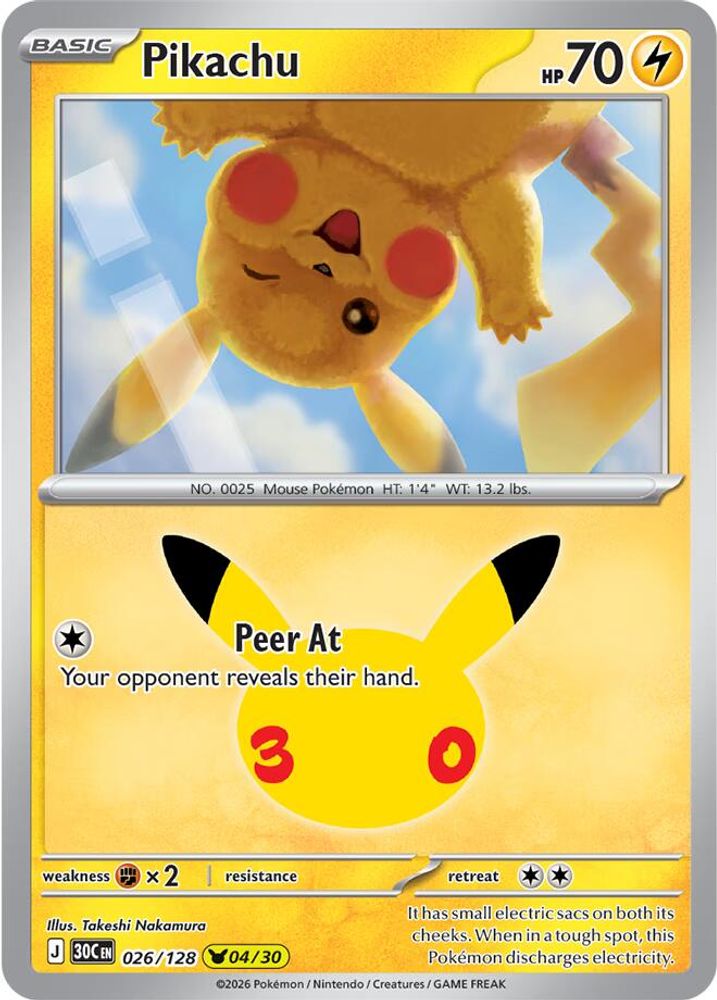 Pikachu - 026/128 ME: 30th Celebration Pikachu Rare Holo Pokemon - NM
