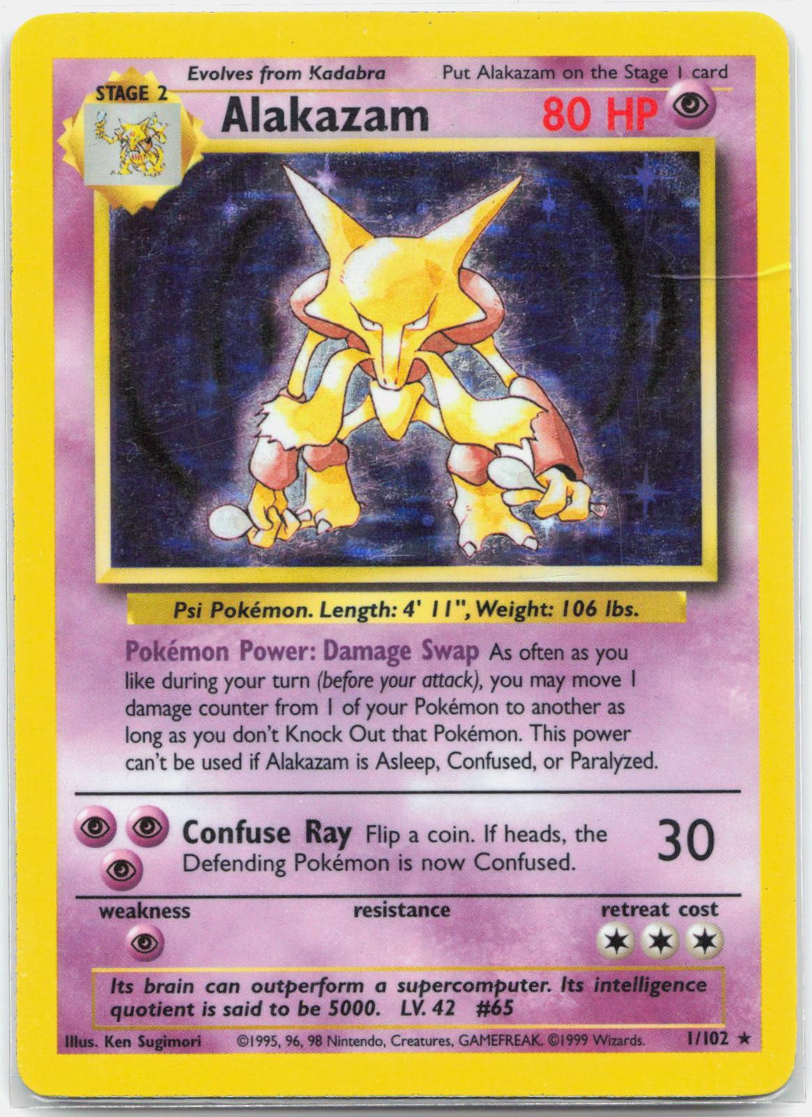 Alakazam - 1/102 Base Set Unlimited Holo Rare Pokemon - MP/HP