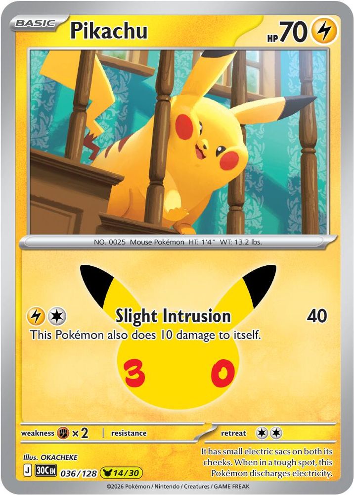 Pikachu - 036/128 ME: 30th Celebration Pikachu Rare Holo Pokemon - NM