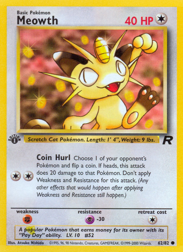 Meowth - 62/82 Team Rocket Common Unlimited Pokemon - NM