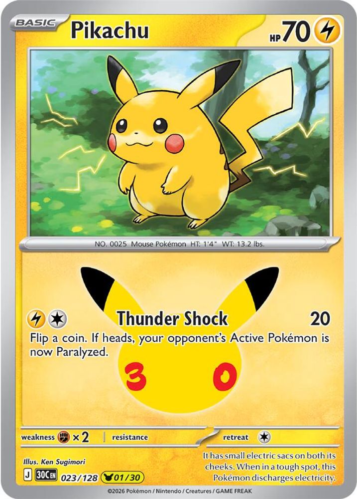 Pikachu - 023/128 ME: 30th Celebration Pikachu Rare Holo Pokemon - NM