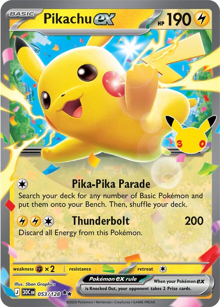 Pikachu ex - 053/128 ME: 30th Celebration Double Rare Holo Pokemon - NM