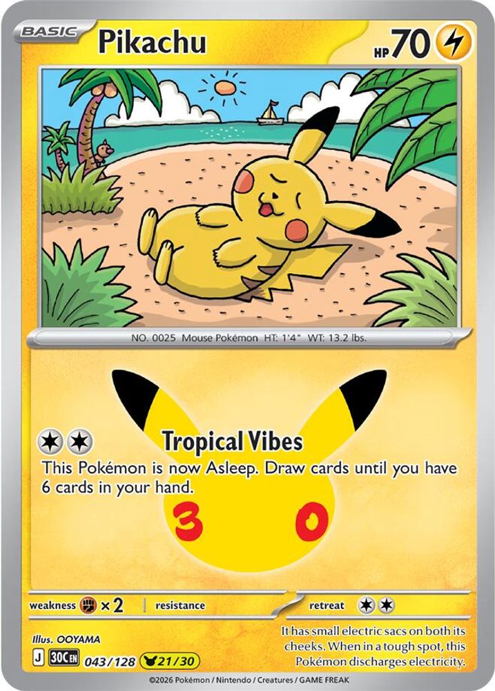 Pikachu - 043/128 ME: 30th Celebration Pikachu Rare Holo Pokemon - NM