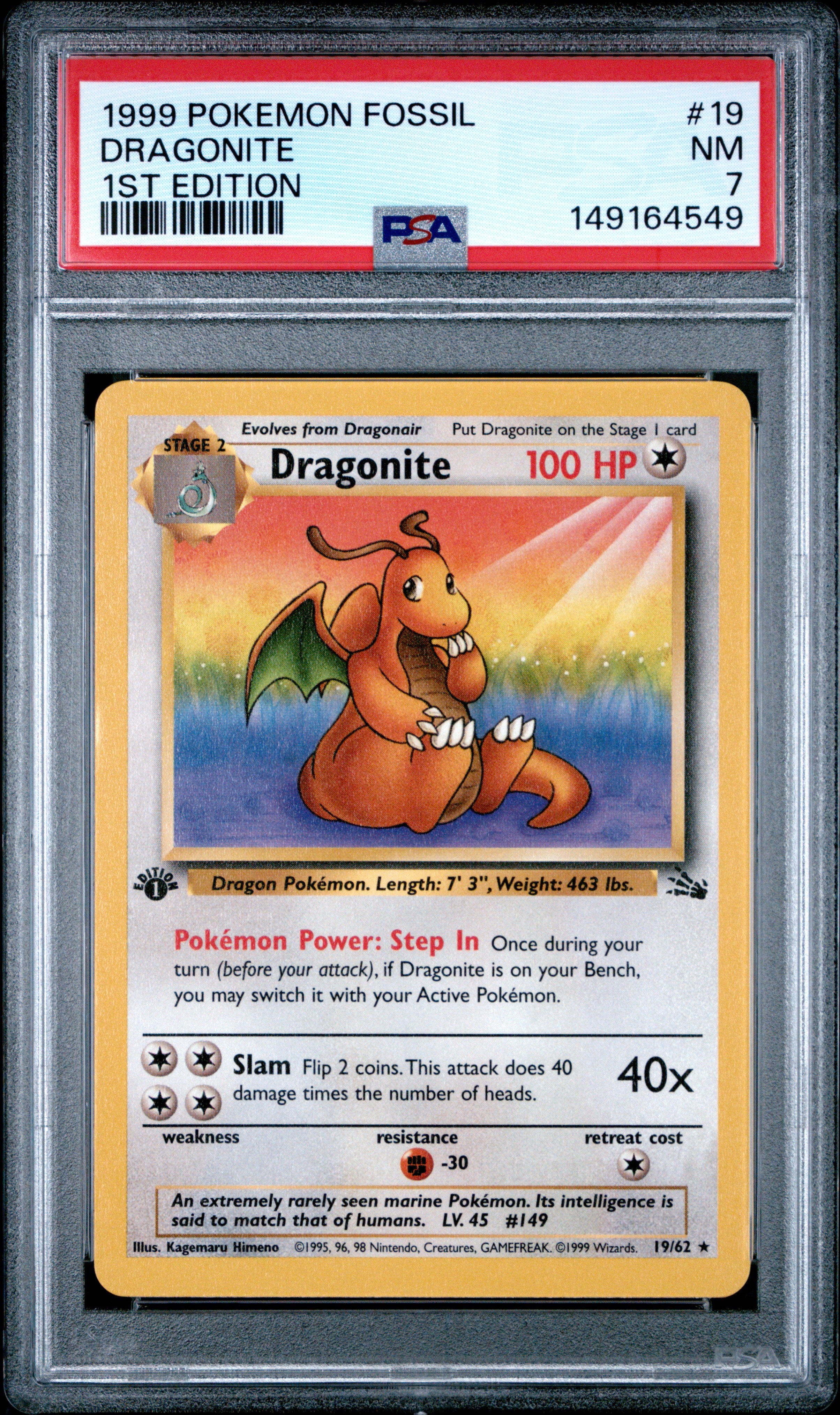 Dragonite - 19/62 PSA 7 Fossil 1st Edition Rare Pokemon - NM