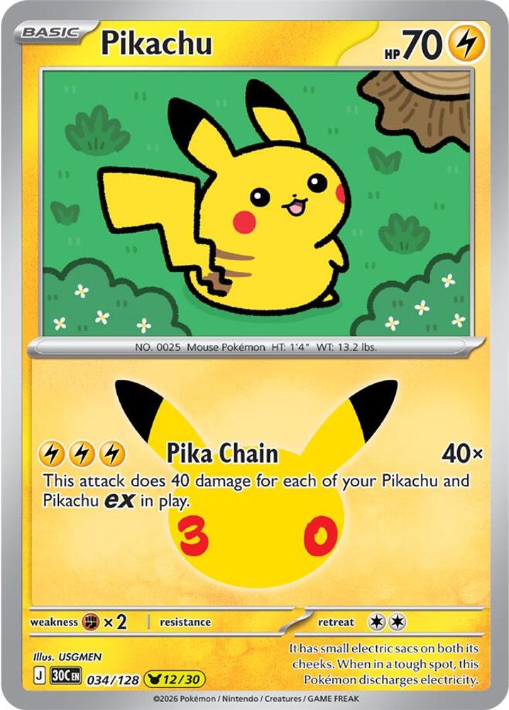 Pikachu - 034/128 ME: 30th Celebration Pikachu Rare Holo Pokemon - NM