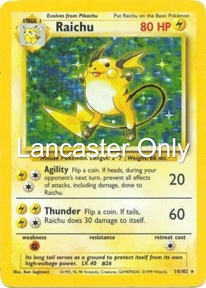 Raichu - 14/102 Base Set Unlimited Holo Rare Pokemon - MP (Lanc)