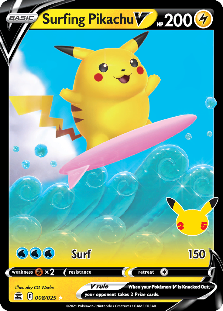 Surfing Pikachu V - 008/025 Celebrations Holo V Rare Pokemon - NM