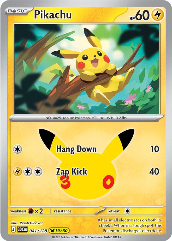 Pikachu - 041/128 ME: 30th Celebration Pikachu Rare Holo Pokemon - NM