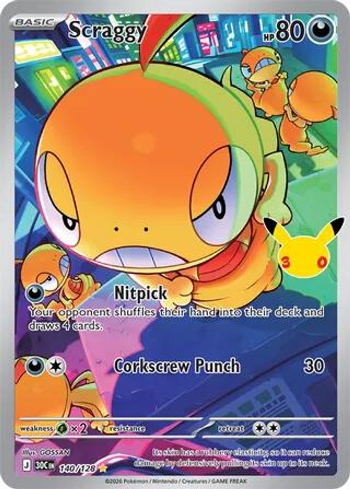 Scraggy - 140/128 ME: 30th Celebration Illustration Rare Holo Pokemon - NM