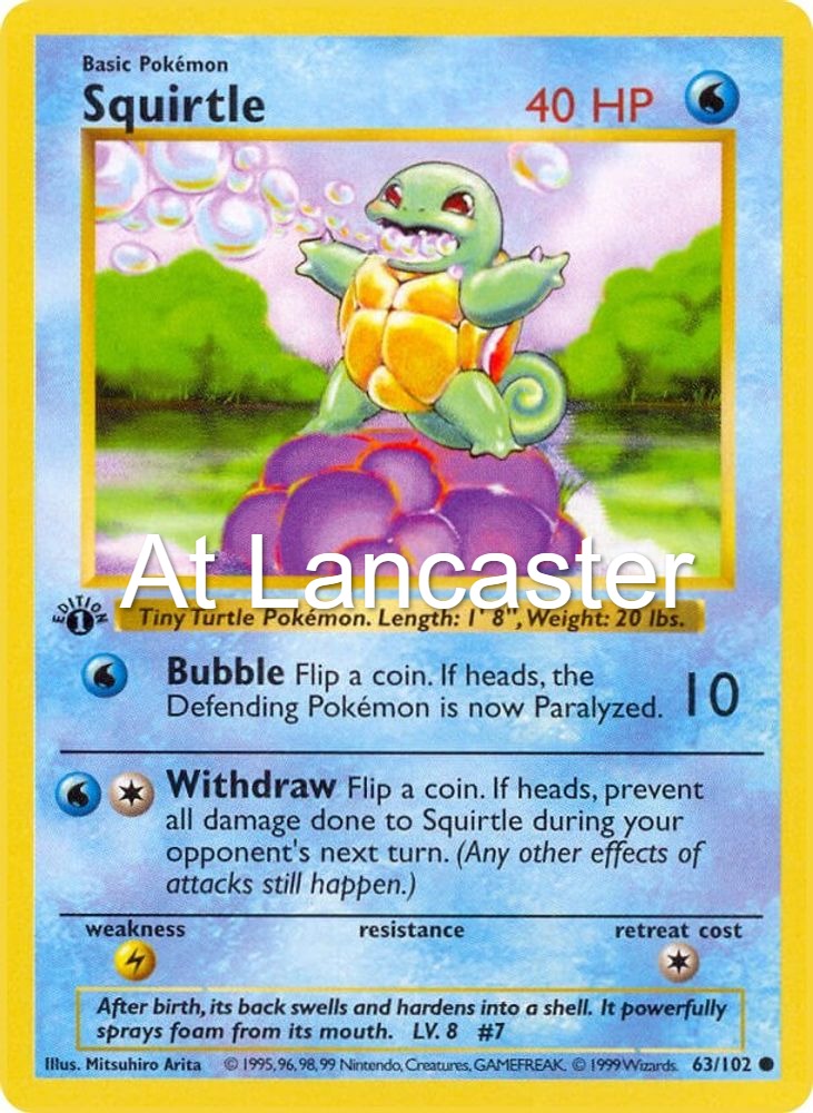 Squirtle - 63/102 Base Set Unlimited Shadowless Common Pokemon - NM/LP (Lanc)