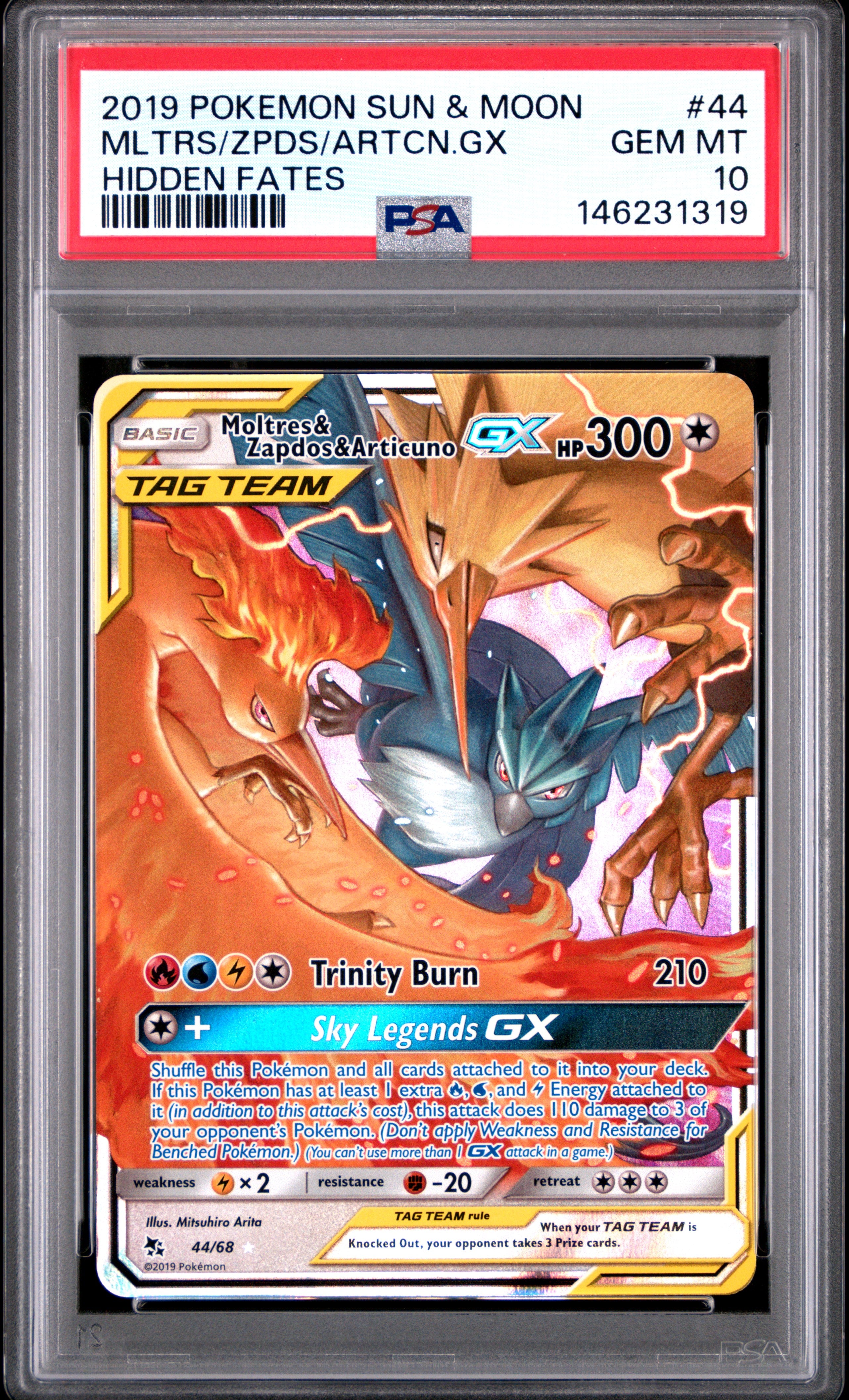 Moltres & Zapdos & Articuno Gx - 44/68 PSA 10 Hidden Fates Pokemon