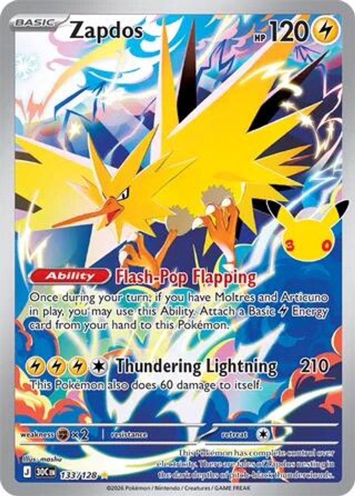 Zapdos - 133/128 ME: 30th Celebration Illustration Rare Holo Pokemon - NM