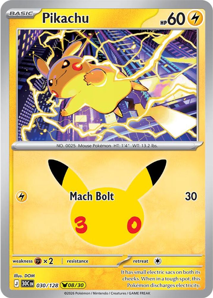 Pikachu - 030/128 ME: 30th Celebration Pikachu Rare Holo Pokemon - NM