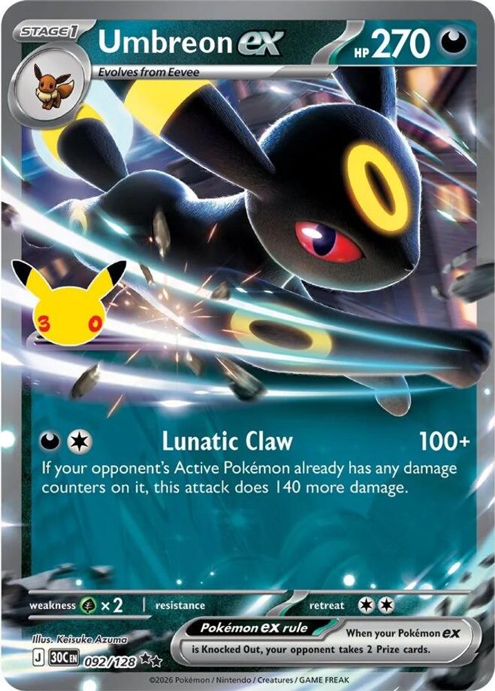 Umbreon ex - 092/128 ME: 30th Celebration Double Rare Holo Pokemon - NM