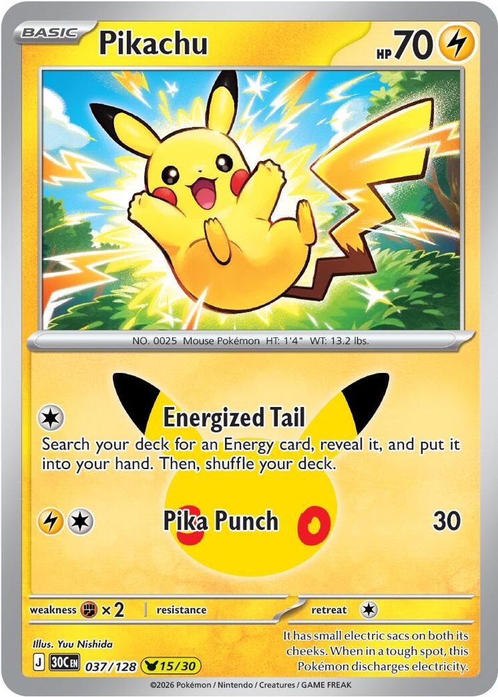 Pikachu - 037/128 ME: 30th Celebration Pikachu Rare Holo Pokemon - NM