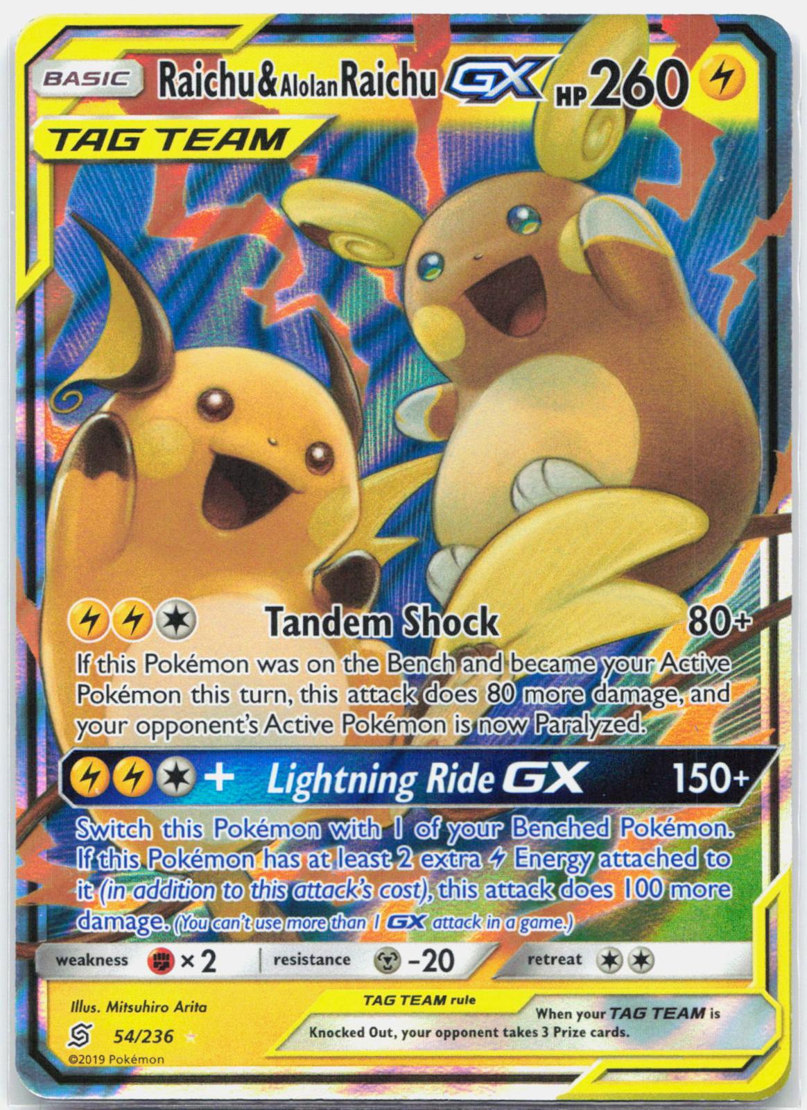 Raichu & Alolan Raichu GX - 54/236 Unified Minds Ultra Rare Pokemon - NM