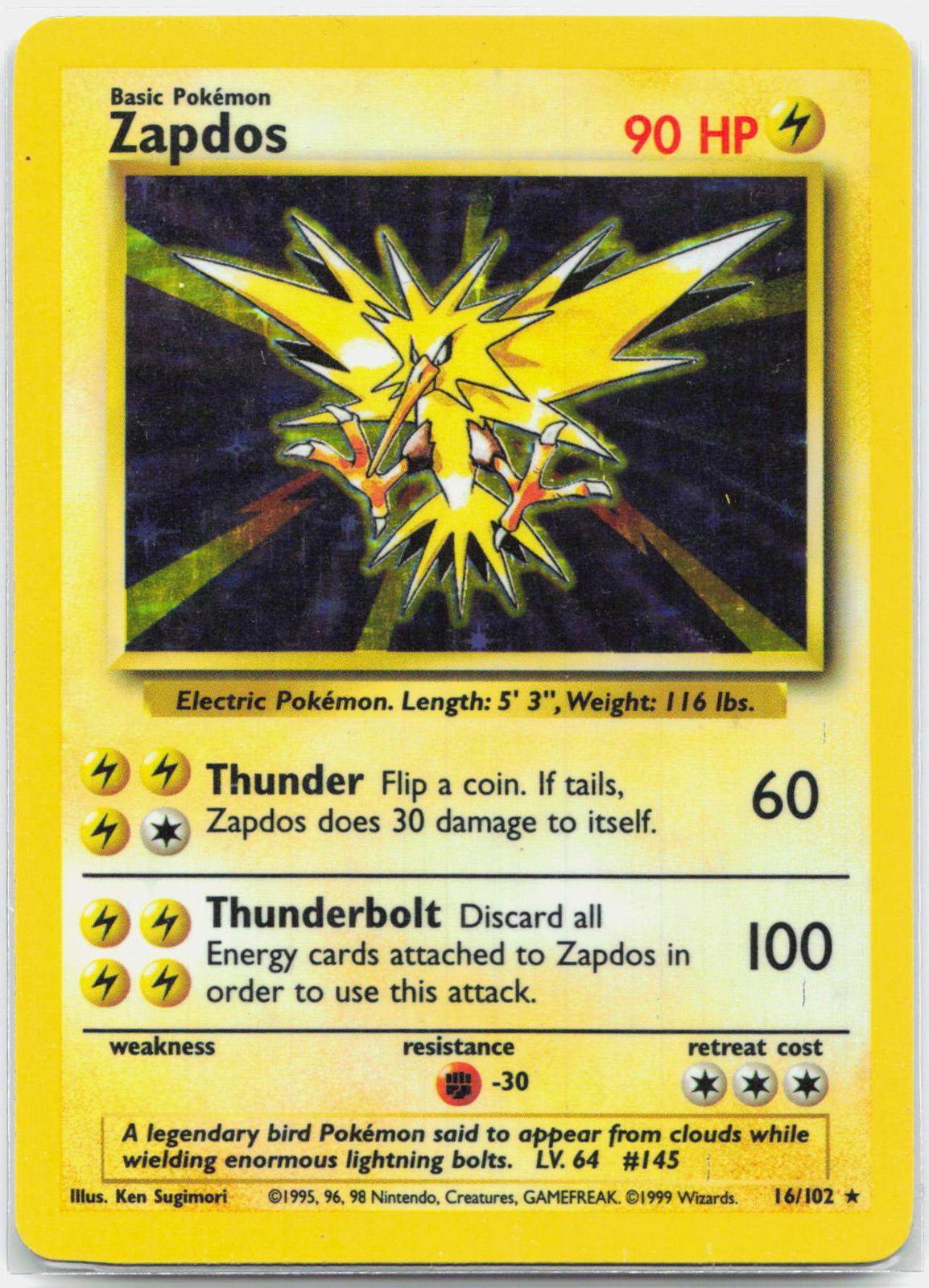 Zapdos - 16/102 Base Set Unlimited Holo Rare Pokemon - MP
