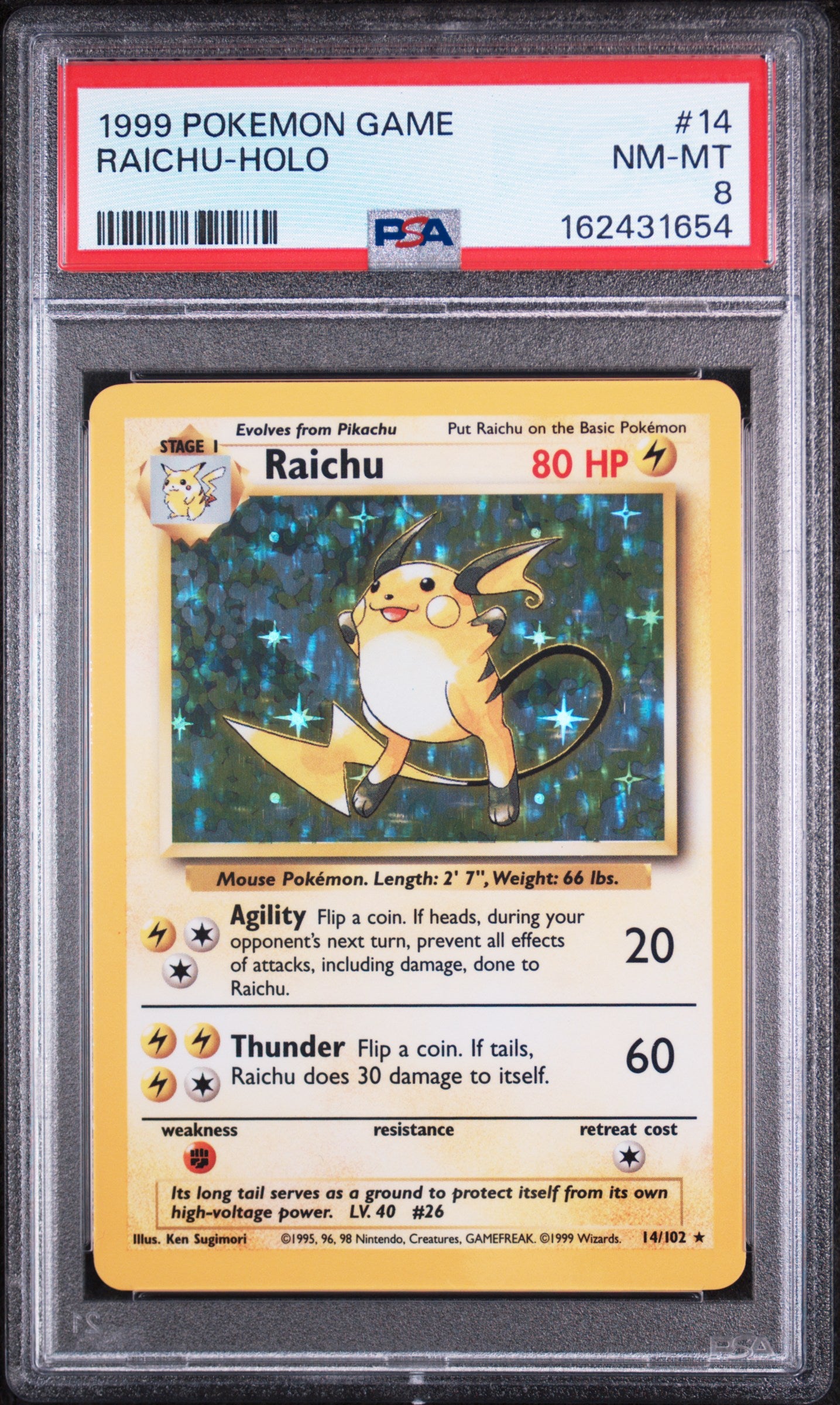 Raichu - 14/102 PSA 8 Base Set Unlimited Holo Rare Pokemon - NM/MINT