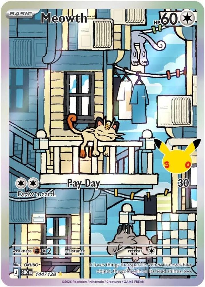 Meowth - 144/128 ME: 30th Celebration Illustration Rare Holo Pokemon - NM