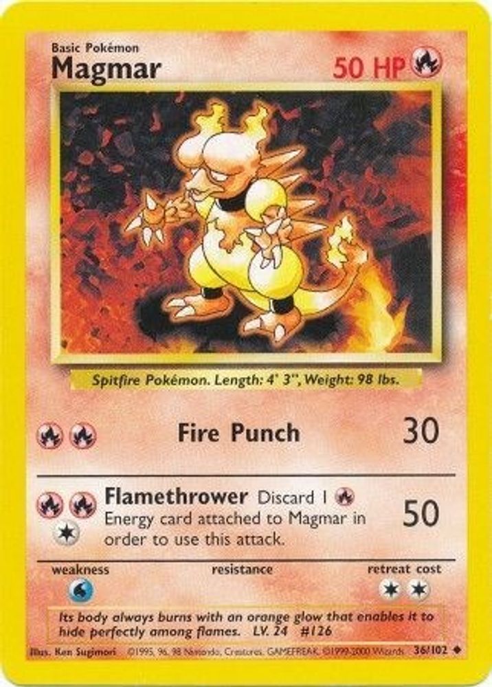 Magmar - 36/102 Base Set Unlimited Uncommon Pokemon - NM