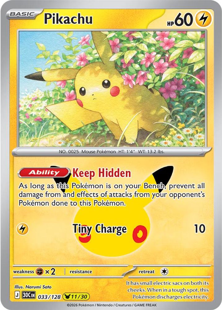 Pikachu - 033/128 ME: 30th Celebration Pikachu Rare Holo Pokemon - NM