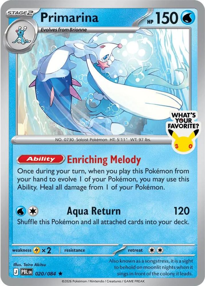 Primarina (What's Your Favorite Stamp) - 020/084 Pitch Black Promo Holo Pokemon - NM