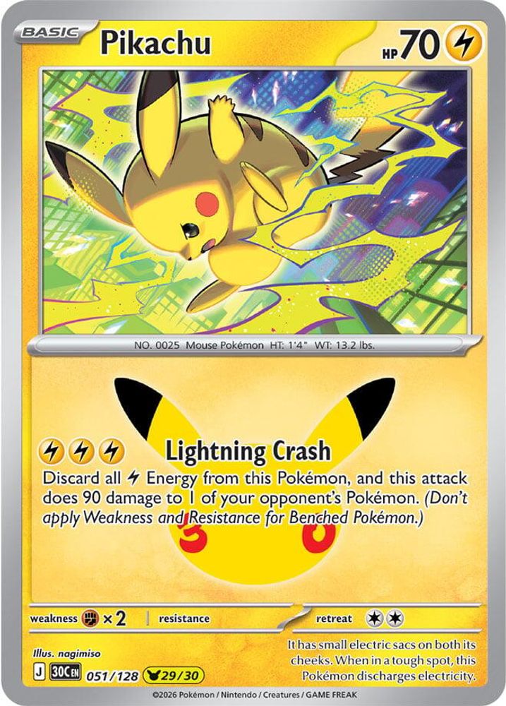 Pikachu - 051/128 ME: 30th Celebration Pikachu Rare Holo Pokemon - NM
