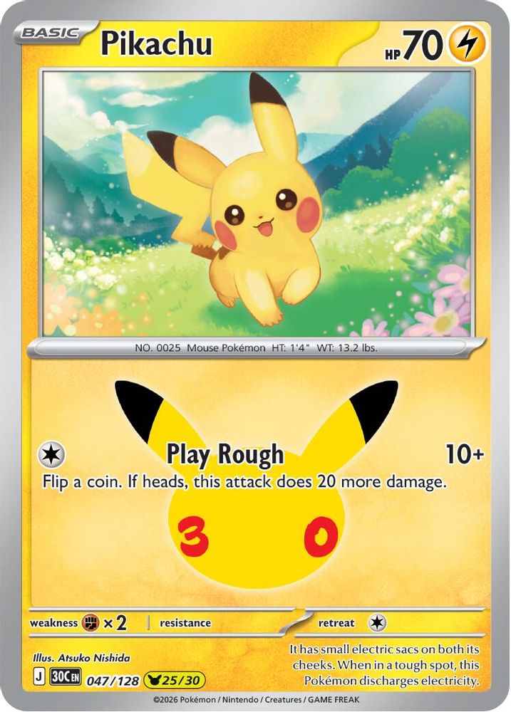 Pikachu - 047/128 ME: 30th Celebration Pikachu Rare Holo Pokemon - NM