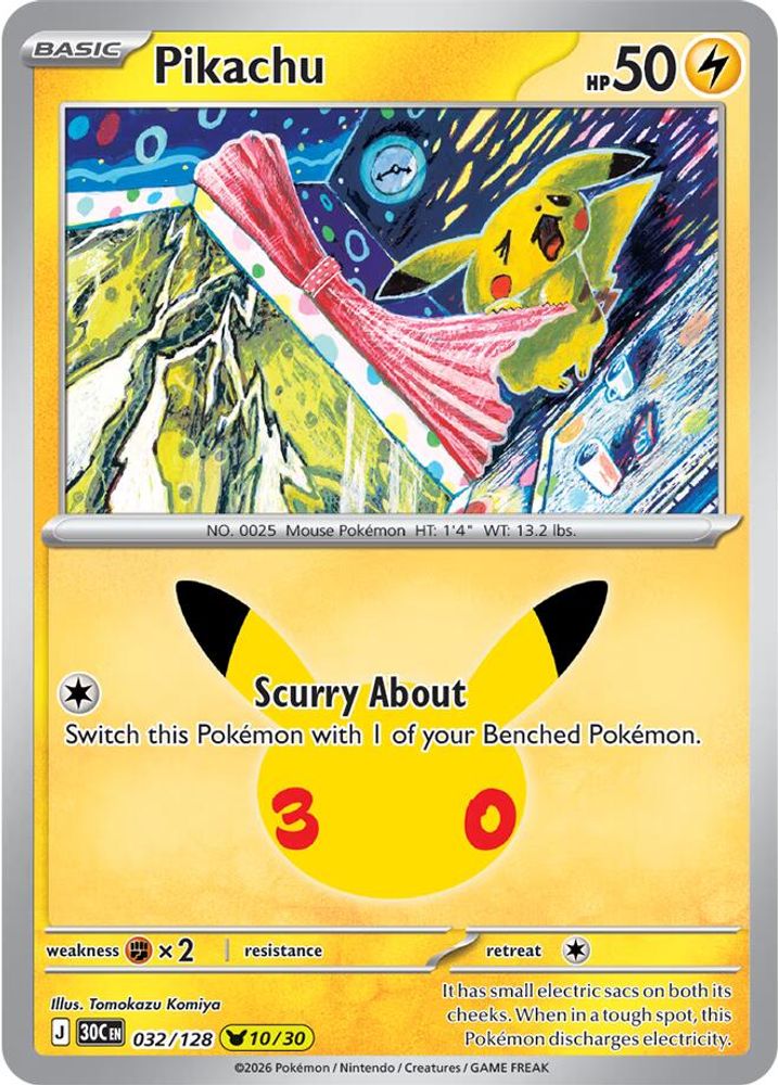 Pikachu - 032/128 ME: 30th Celebration Pikachu Rare Holo Pokemon - NM