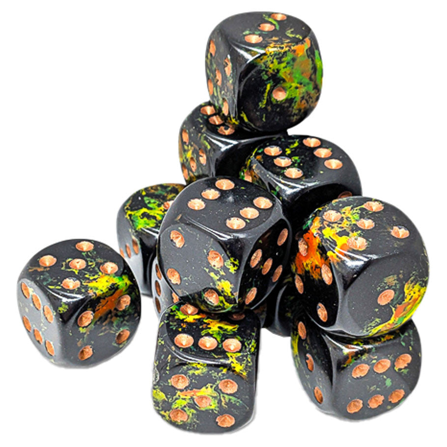 Chessex 16mm D6 Dice - Brush Deep Forest/Gold (12 Count)
