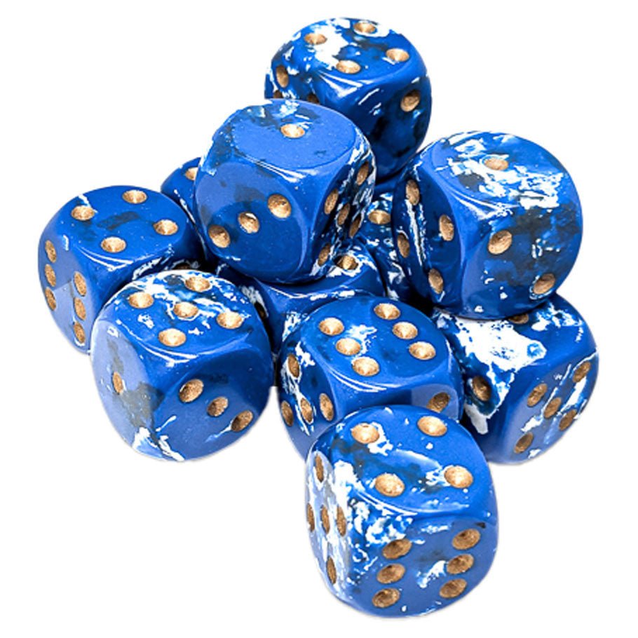 Chessex 16mm D6 Dice - Brush Wavebreak/Gold (12 Count)