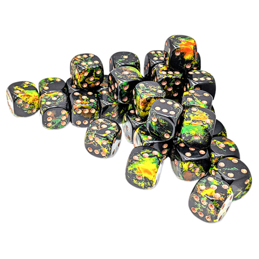 Chessex 12mm D6 Dice - Brush Deep Forest/Gold (36 Count)