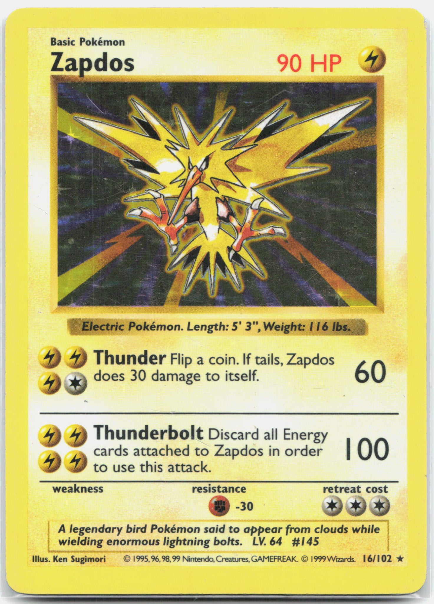 Zapdos - 16/102 Base Set Shadowless Holo Rare Pokemon - MP