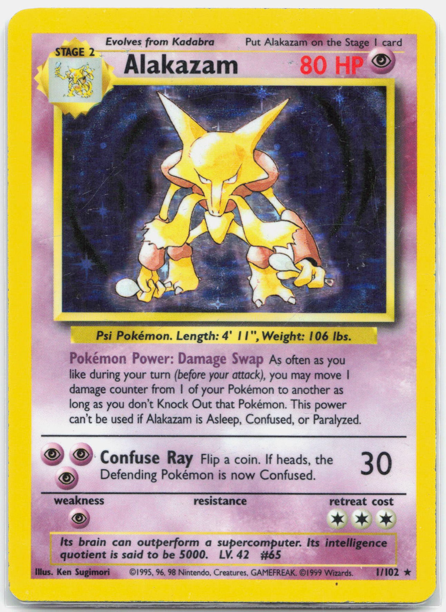 Alakazam - 1/102 Base Set Unlimited Holo Rare Pokemon - MP/HP