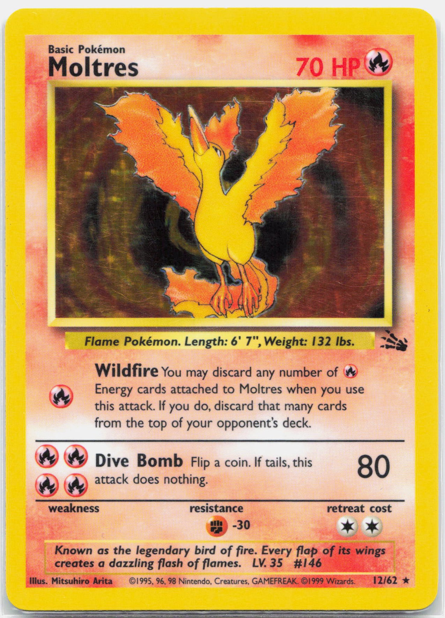 Moltres - 12/62 Fossil Unlimited Holo Rare Pokemon - LP/MP