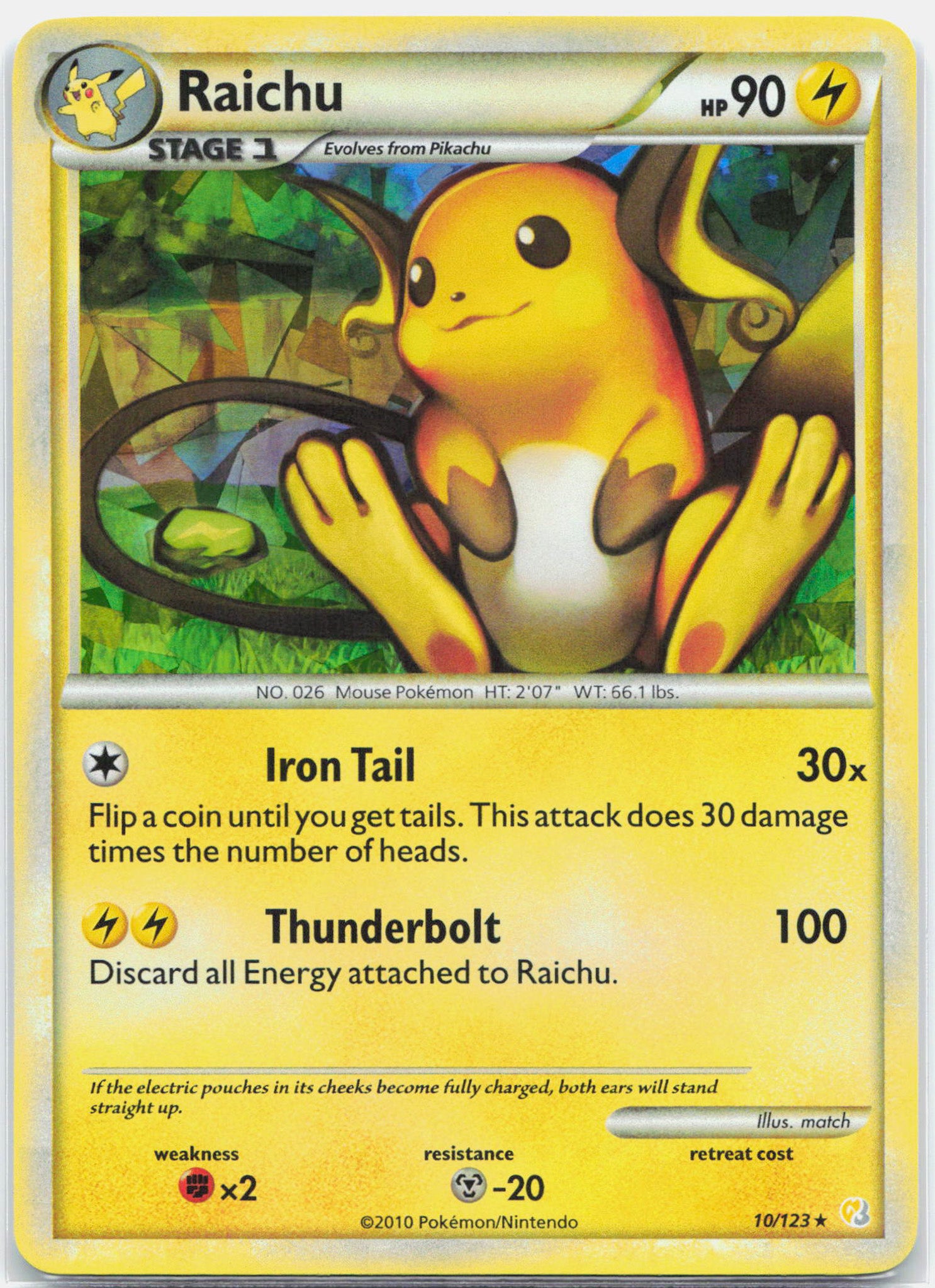 Raichu - 10/123 HeartGold & SoulSilver Cracked Ice Holo Rare Pokemon - NM/LP