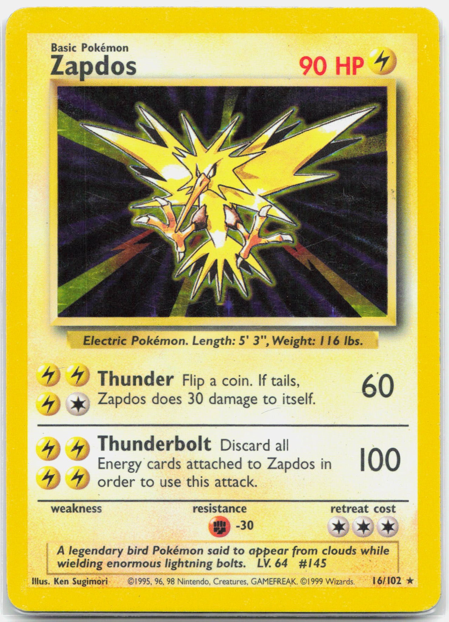 Zapdos - 16/102 Base Set Unlimited Holo Rare Pokemon - LP/MP