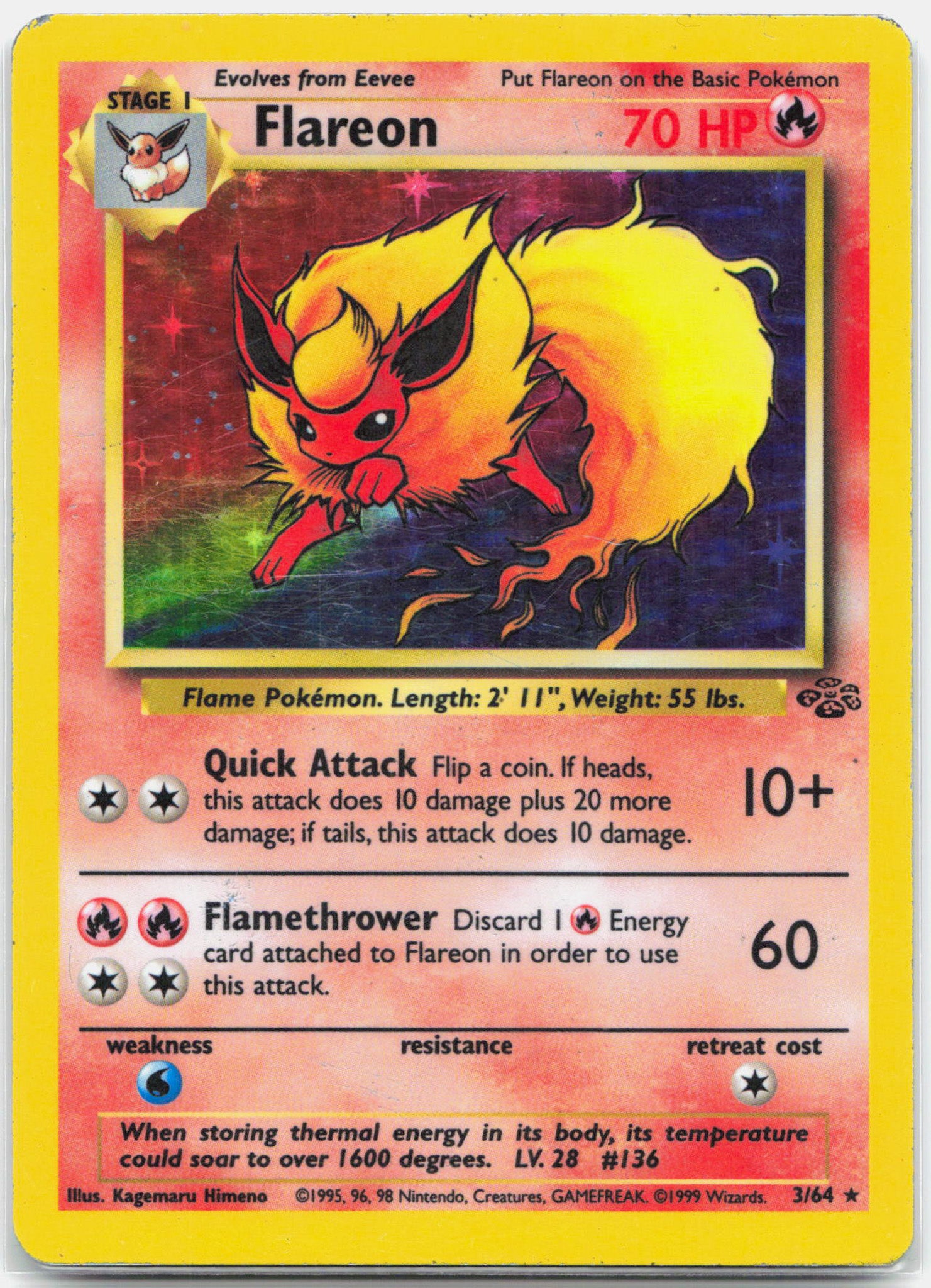 Flareon - 3/64 Jungle Unlimited Holo Rare Pokemon - MP/HP