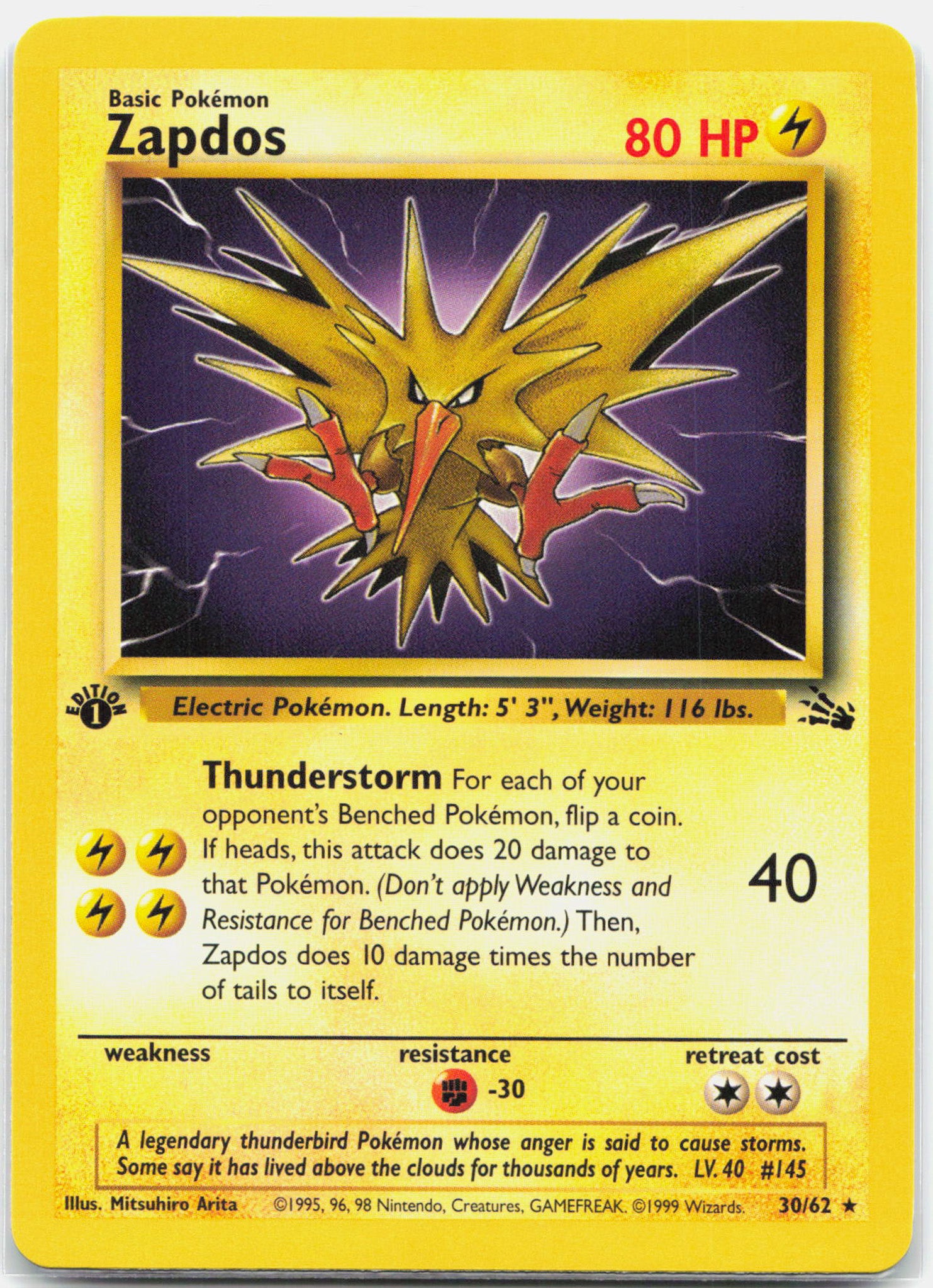 Zapdos - 30/62 1st Edition Fossil Rare Pokemon - NM/LP