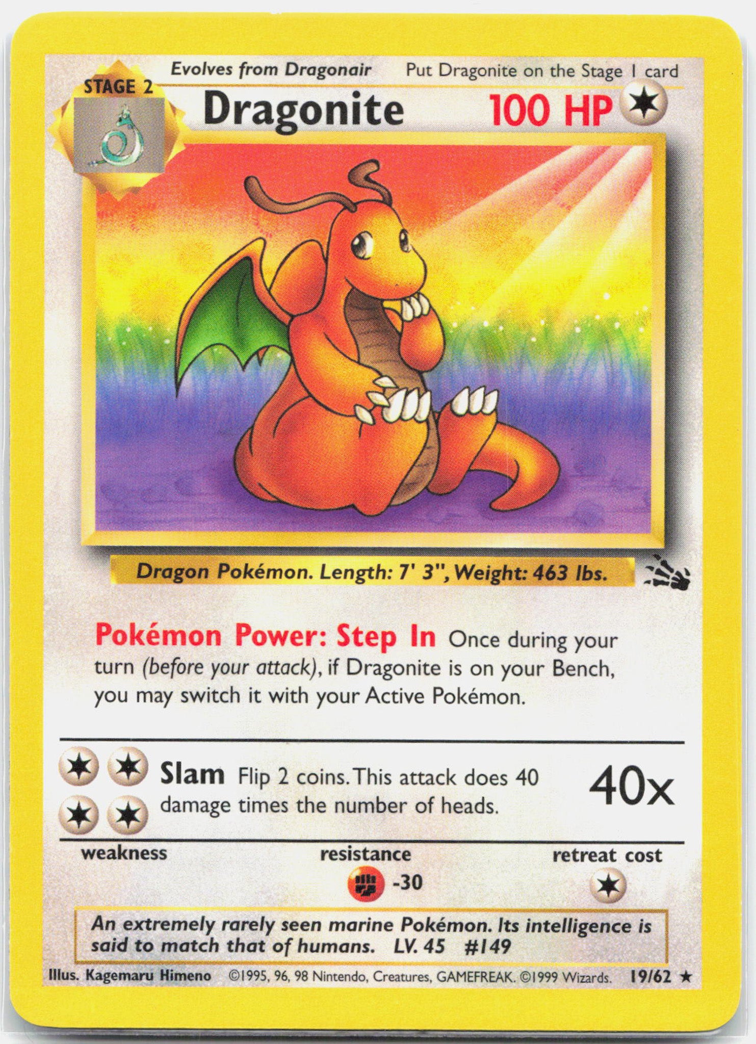 Dragonite - 19/62 Fossil Unlimited Rare Pokemon - NM/LP