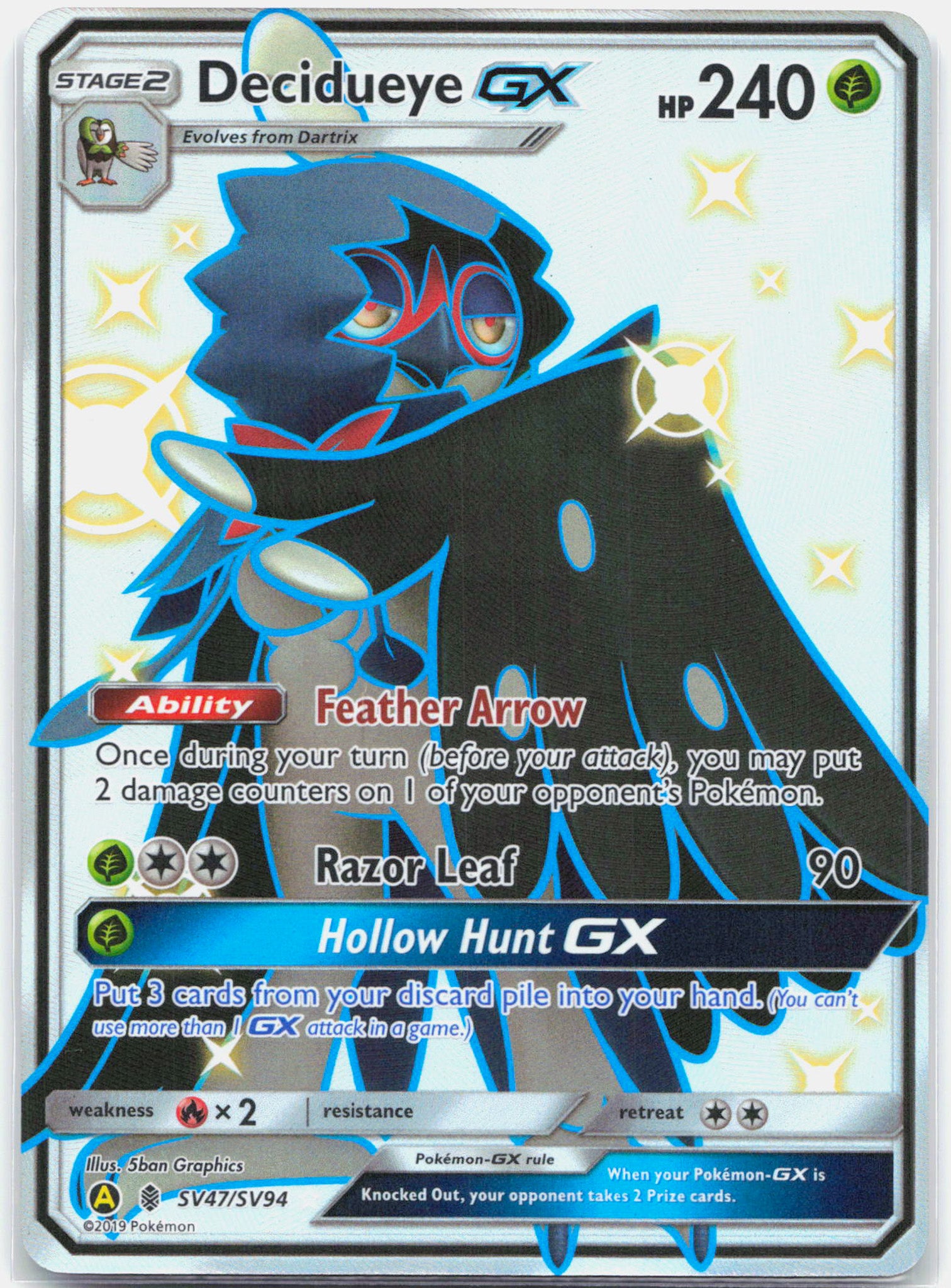 Decidueye GX - SV47/SV94 Hidden Fates Full Art Shiny Pokemon - NM/MINT