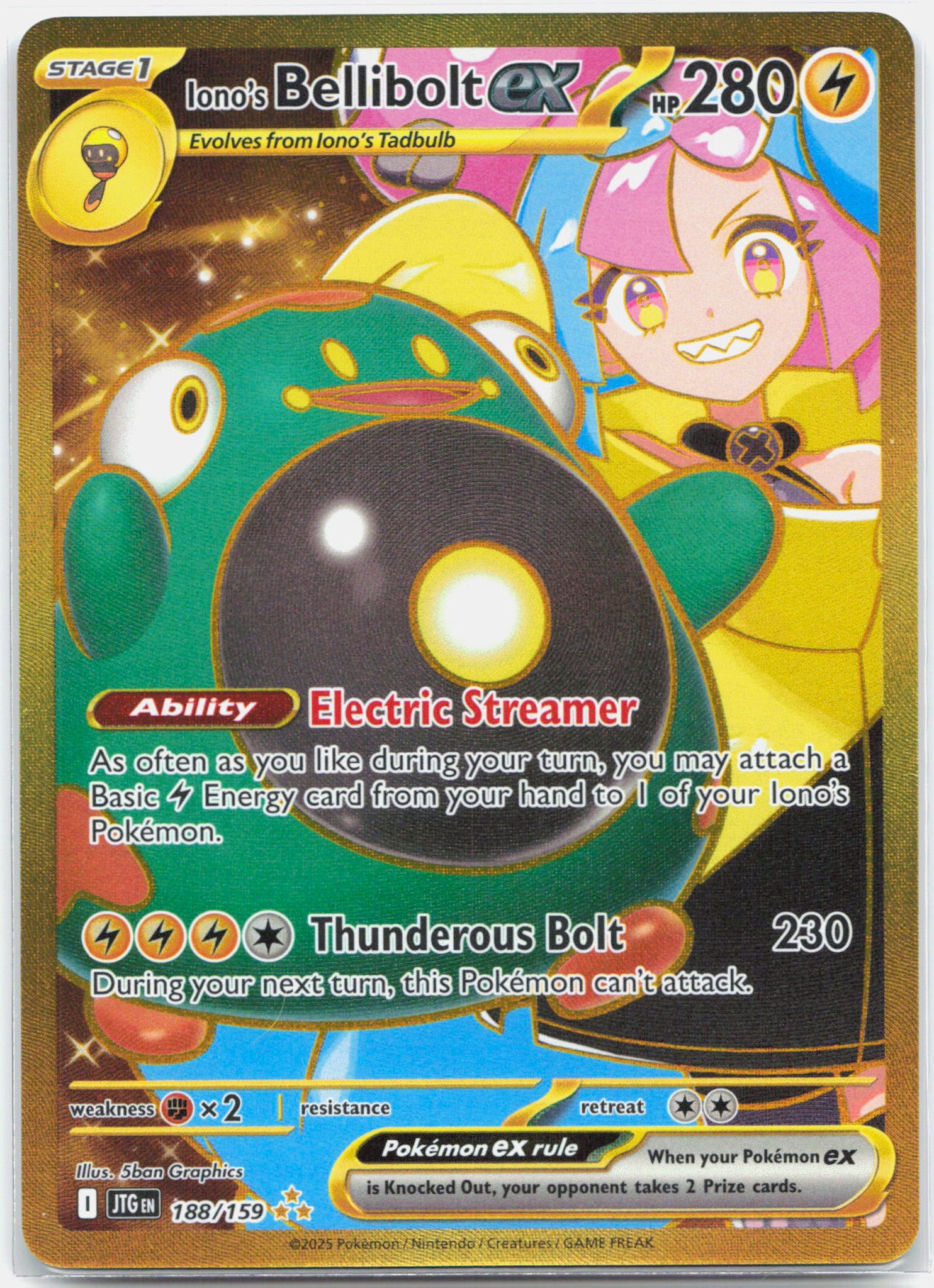 Iono's Bellibolt ex - 188/159 Journey Together Gold Pokemon - NM/MINT