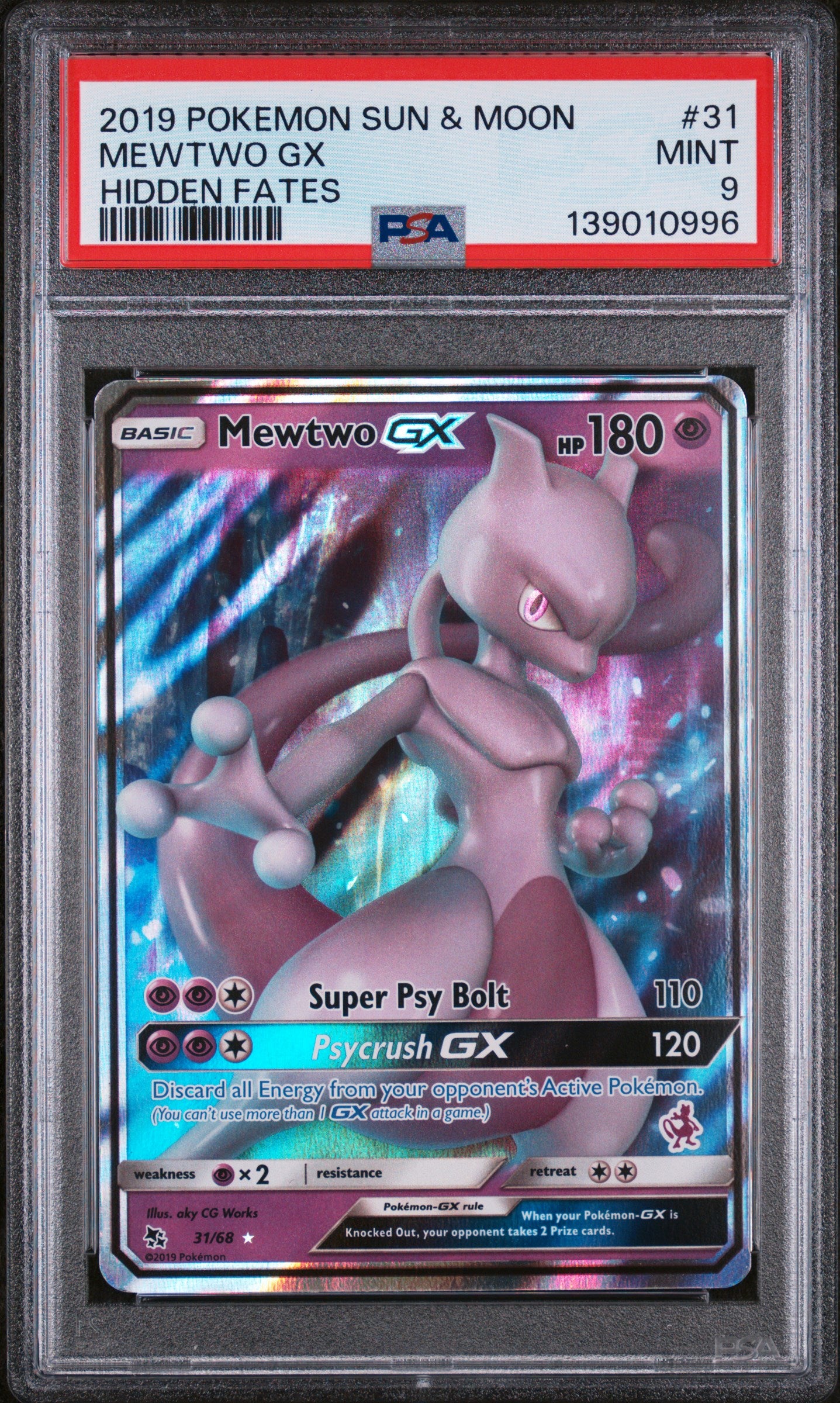 Mewtwo GX - 31/68 PSA 9 Hidden Fates Ultra Rare Pokemon SCUFFED CASE - MINT