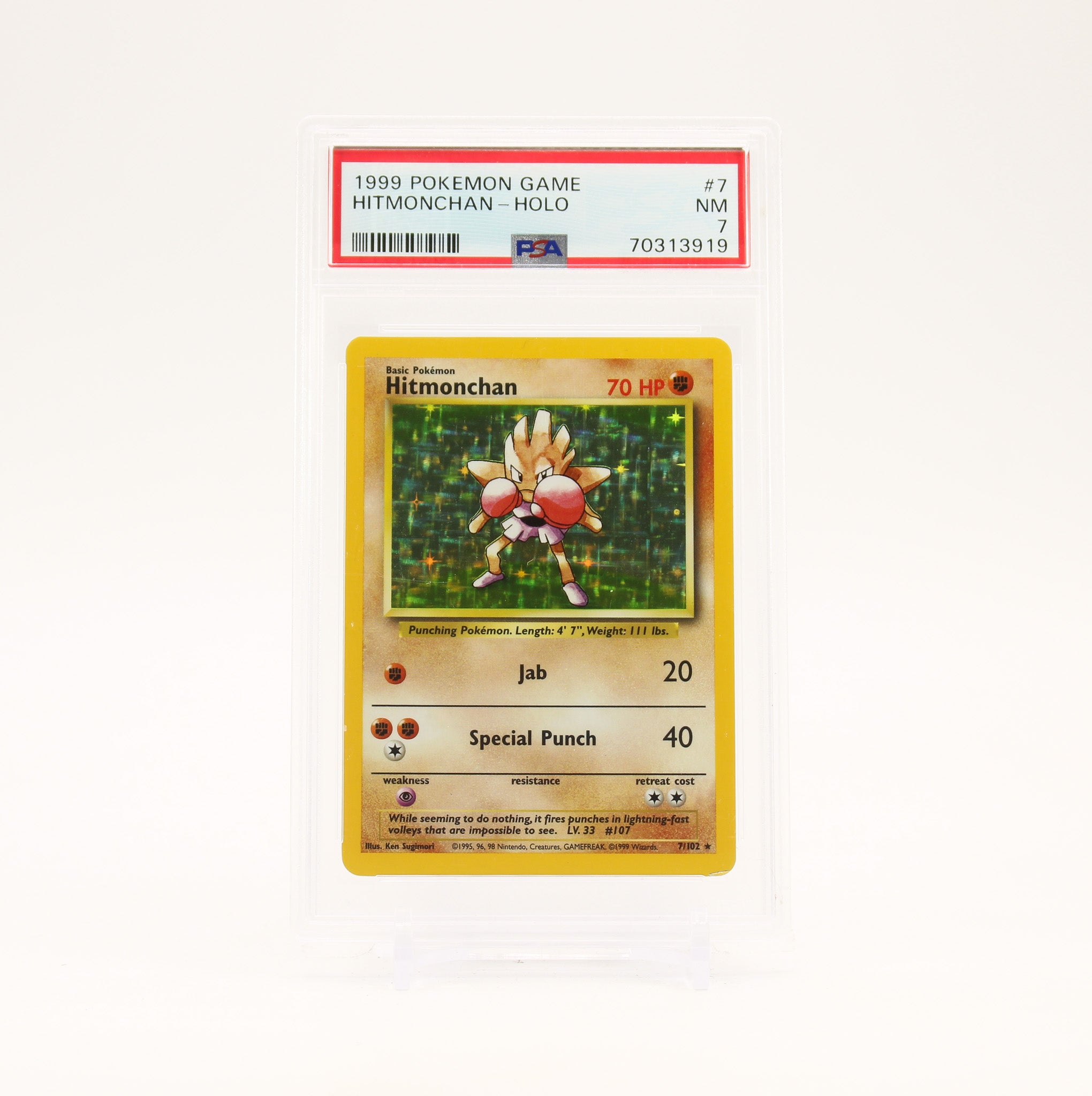 Hitmonchan - 7/102 PSA 7 Base Set Unlimited Holo Rare Pokemon - NM