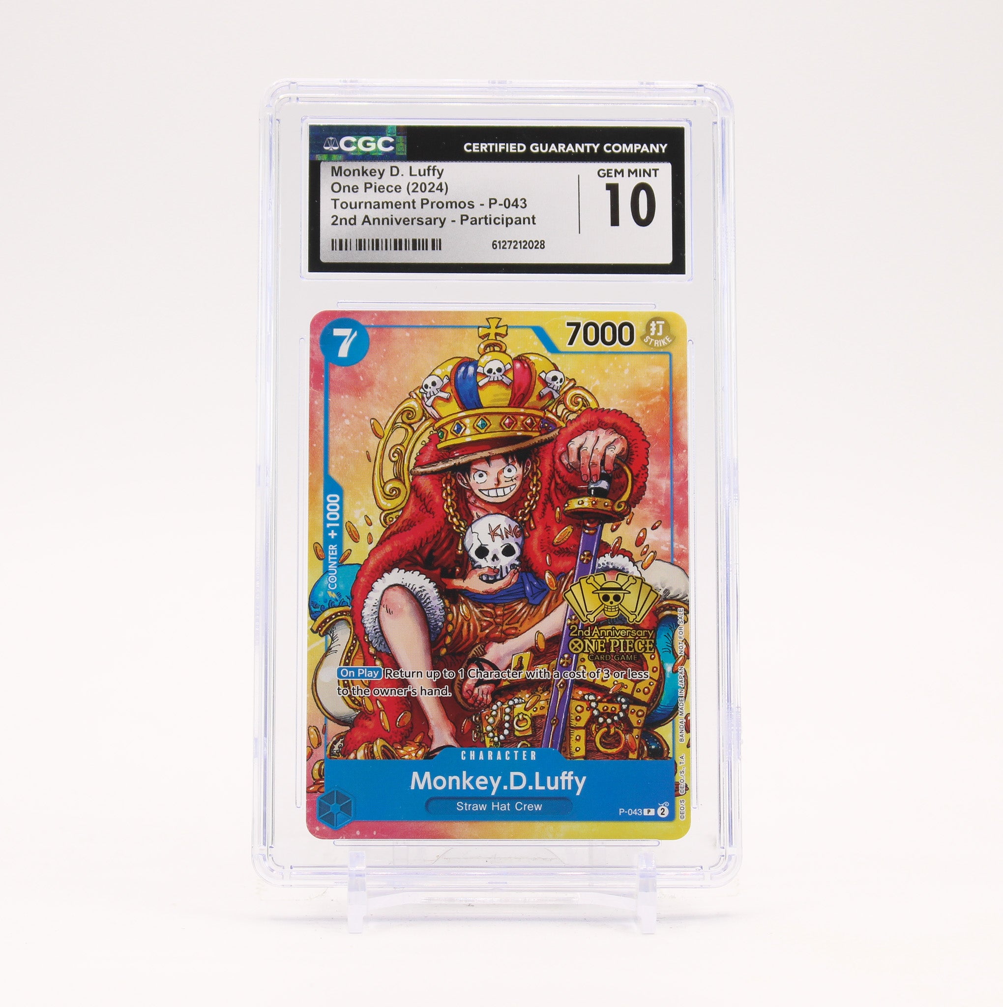 Monkey.D.Luffy - P-043 CGC 10 2nd Anniversary Tournament Promo One Piece - GEM MT