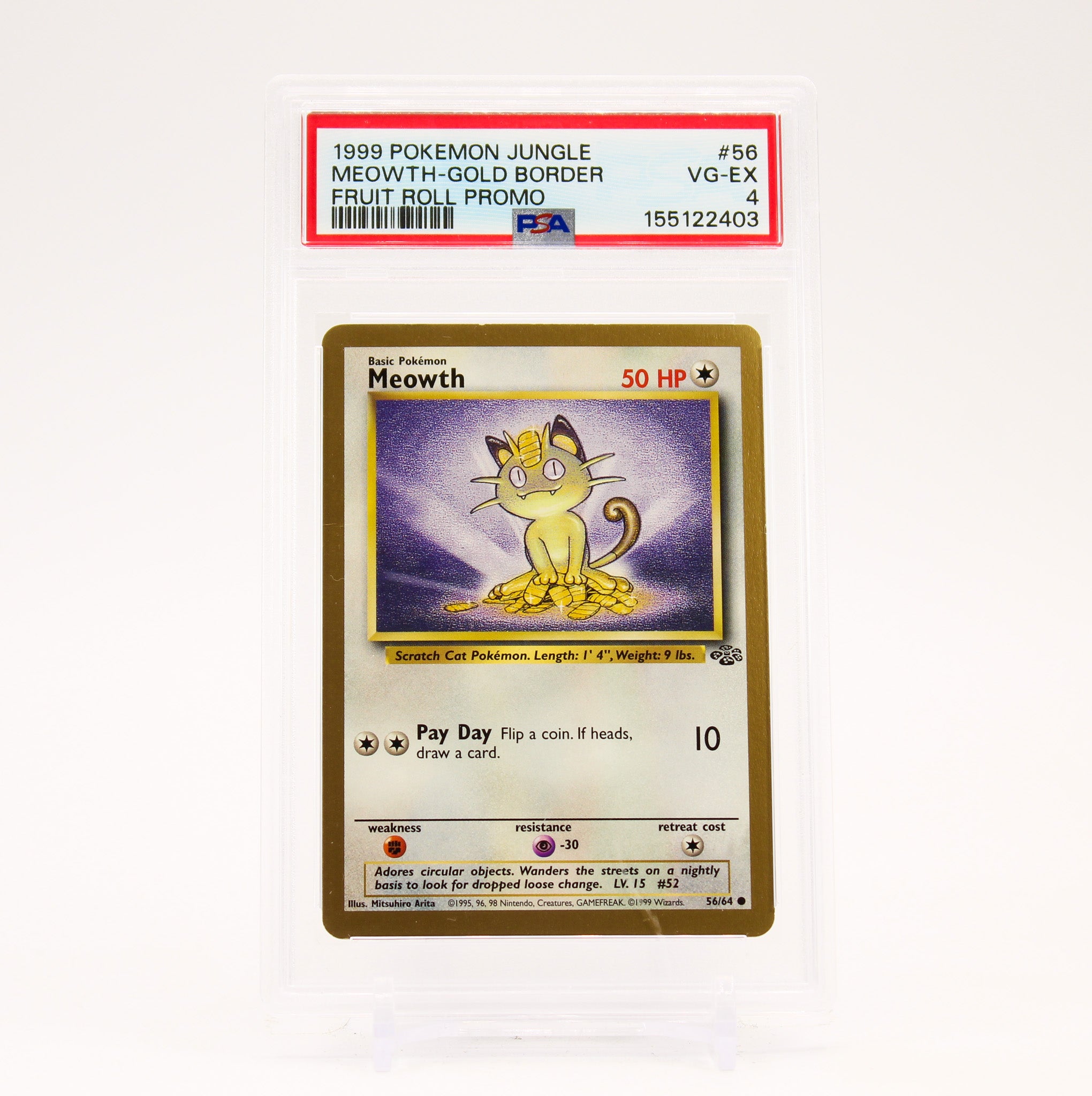 Meowth - 56/64 PSA 4 WotC Gold Border Fruit Rollup Promo Pokemon SCRATCHED CASE - VG/EX