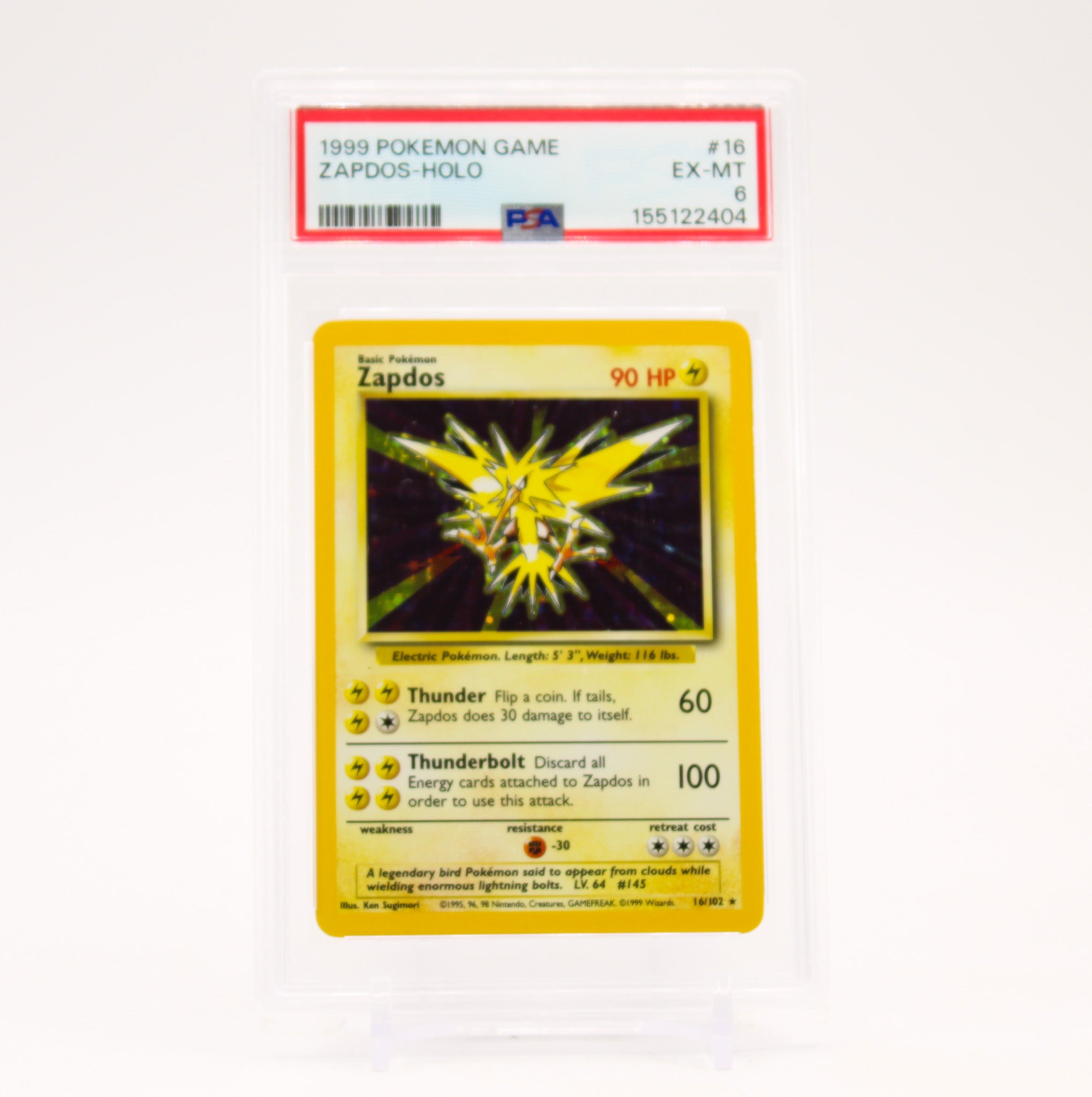 Zapdos - 16/102 PSA 6 Base Set Unlimited Holo Rare Pokemon - EX/MT